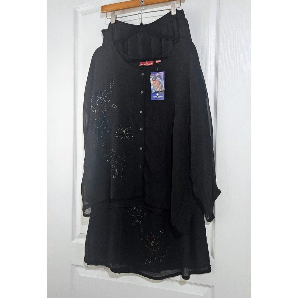 New Sacred Threads Beaded Skirt and top Set XL Black Boho Floral Split side Vent